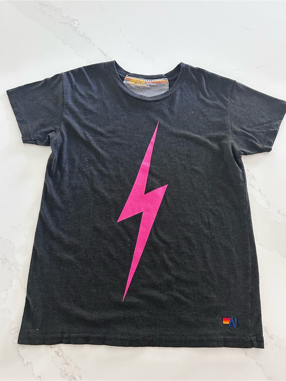 Aviator Nation Dark Grey Tee with Hot Pink Lightning Bolt
